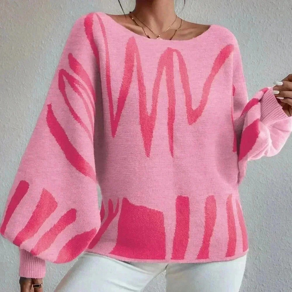 Pink Casual Women's Contrast Pattern Bat Wing Sweater - Picture 3 of 4